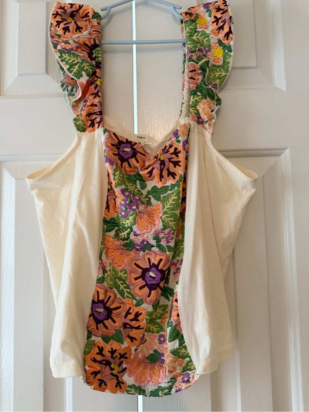 Anthropology Embroidered Cream Floral Ruffle-Strap Camisole